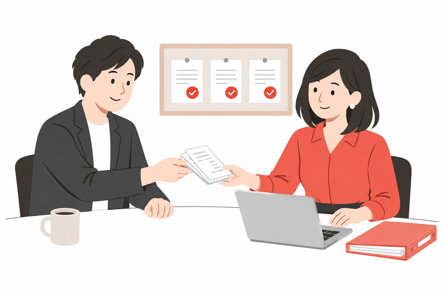 資料を渡す経営者と、記帳を担当するスタッフのイラスト
